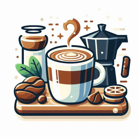 Coffee cup and coffee beans on wooden board. Vector illustration.のイラスト素材