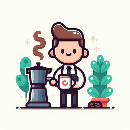 Coffee making concept. Businessman with coffee machine. Vector illustrationのイラスト素材