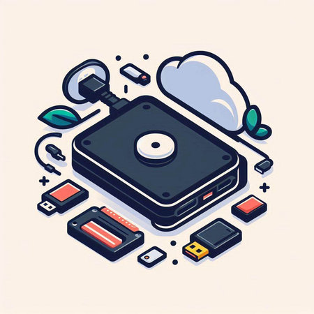 Vector isometric illustration of a hard drive with a cloud on the backgroundのイラスト素材