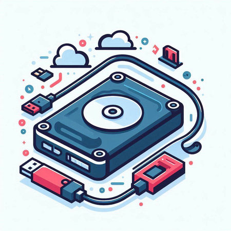 Vector isometric illustration of hard disk drive with usb cable and cloud computingのイラスト素材