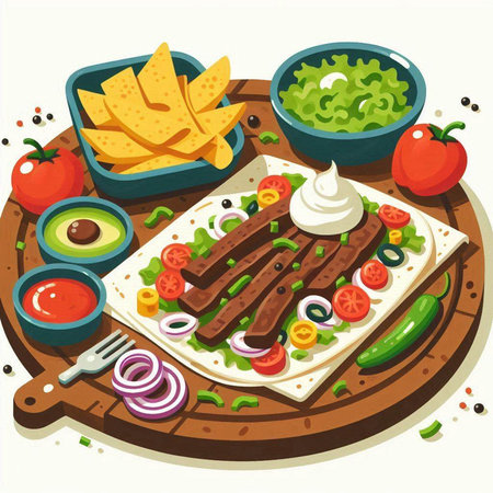 Mexican food vector illustration. Doner kebab with tortilla chips, salsa, guacamole and tomato sauce.のイラスト素材