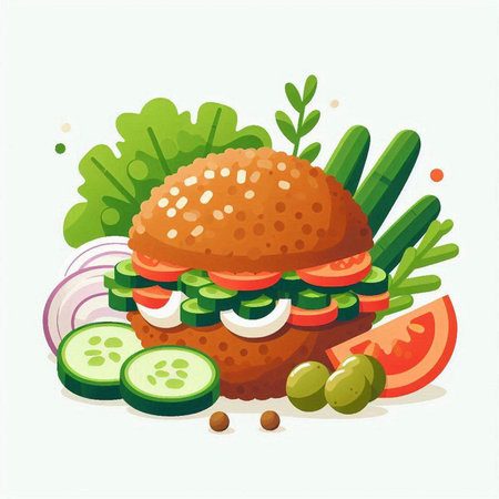 Burger with cucumber, onion, tomato and lettuce. Vector illustration.のイラスト素材