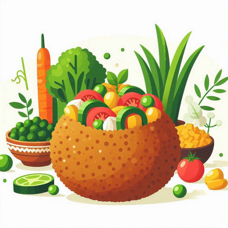 Vegetable salad in a basket. Vegetarian food. Vector illustration.のイラスト素材