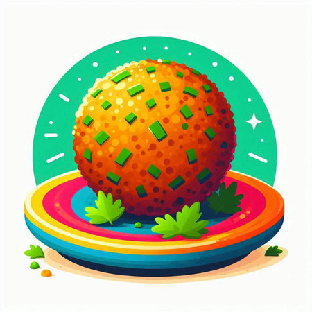 Illustration of an orange on a colorful plate with a green backgroundのイラスト素材