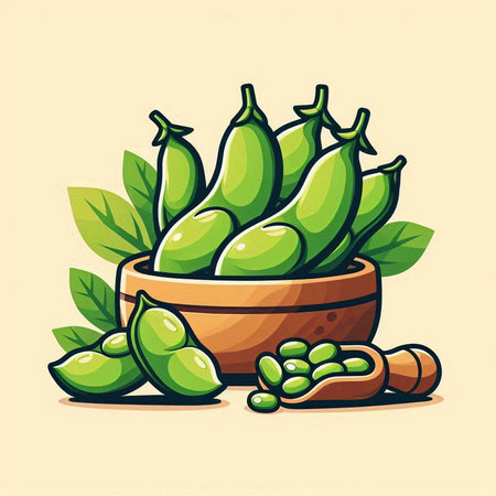 Bowl of green soybeans with pods and leaves. Vector illustration.のイラスト素材