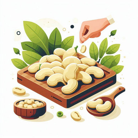 Cashew nuts in wooden box. Vector illustration in cartoon style.のイラスト素材