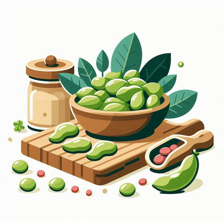 Vector illustration of fresh green olives in a wooden bowl, olive oil and seeds on a cutting board.のイラスト素材