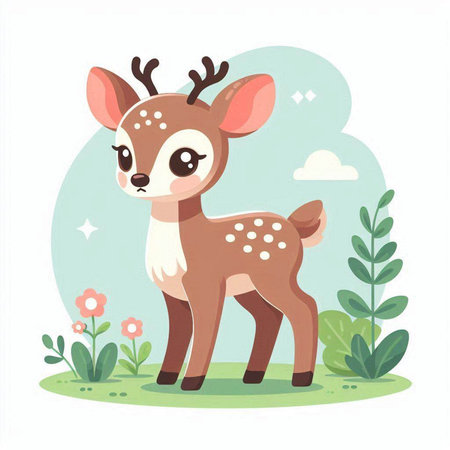 Cute little deer in the forest. Vector illustration in cartoon style.のイラスト素材