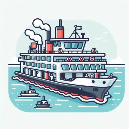 Cruise ship on the water. Vector illustration in flat style.のイラスト素材