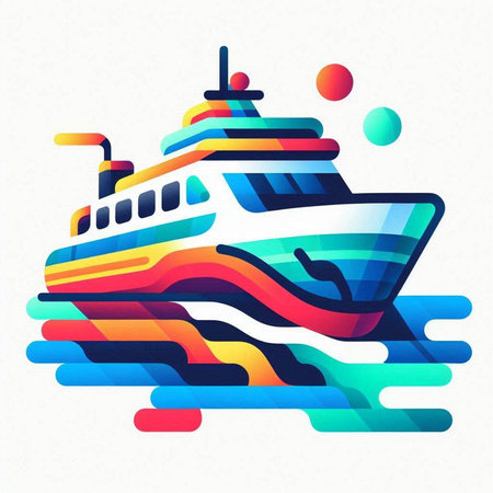 Vector illustration of a passenger ship in blue and orange colors on white backgroundのイラスト素材