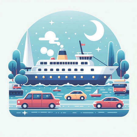 Cruise ship on the road. Vector illustration in flat style.のイラスト素材