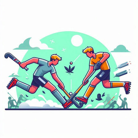 Two men playing hockey on the field. Vector illustration in cartoon styleのイラスト素材