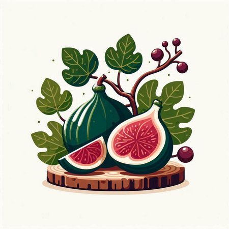 Fresh figs and leaves on a wooden stand. Vector illustration.のイラスト素材