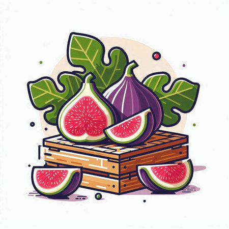 Fresh figs in a wooden box. Vector illustration on white background.のイラスト素材