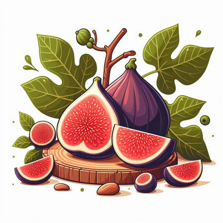 Fresh figs on a wooden board with leaves. Vector illustration.のイラスト素材