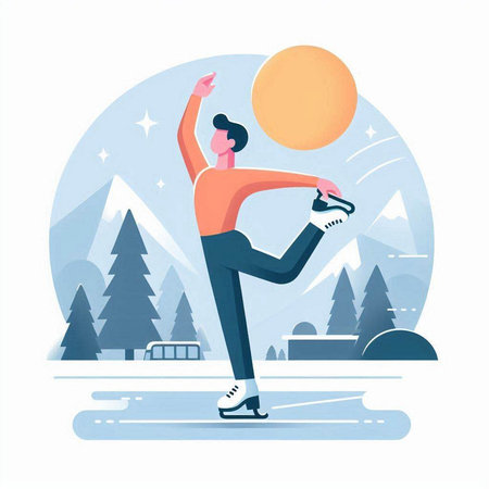 Ice skating sport vector illustration. Cartoon man figure skating on ice rink flat style.のイラスト素材