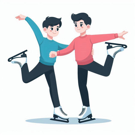 Cute boy and girl skating on ice rink. Vector illustration.のイラスト素材