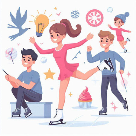 People skating on ice rink. Young man and woman having fun on rink. Vector illustrationのイラスト素材