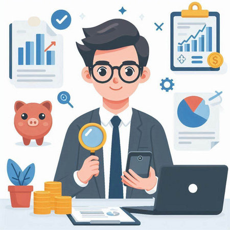 Businessman with magnifying glass and laptop. Vector illustration in cartoon styleのイラスト素材