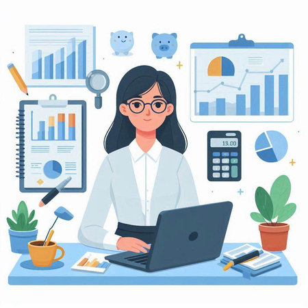 Business woman working at office. Businesswoman sitting at workplace. Vector illustrationのイラスト素材