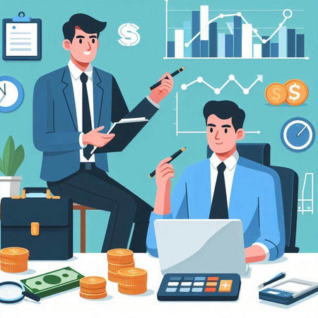 Vector illustration of a businessman and a businesswoman working in office.のイラスト素材