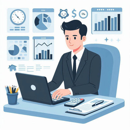 Businessman working with laptop. Vector illustration in flat cartoon style.のイラスト素材