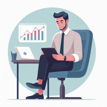 Businessman working on laptop, sitting at office desk. Vector illustrationのイラスト素材