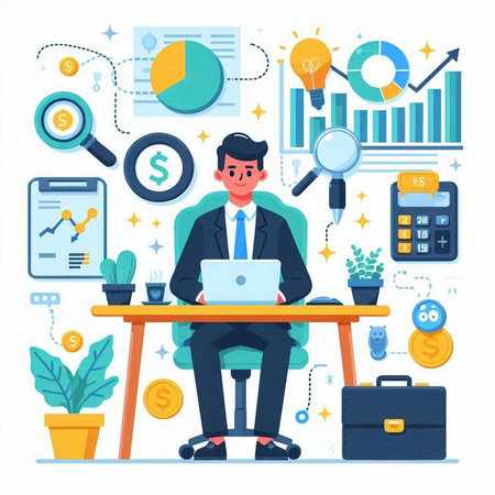 Businessman sitting at desk and working on laptop. Flat style vector illustration.のイラスト素材