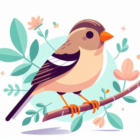 Finch bird sitting on a branch with flowers. Vector illustration.のイラスト素材