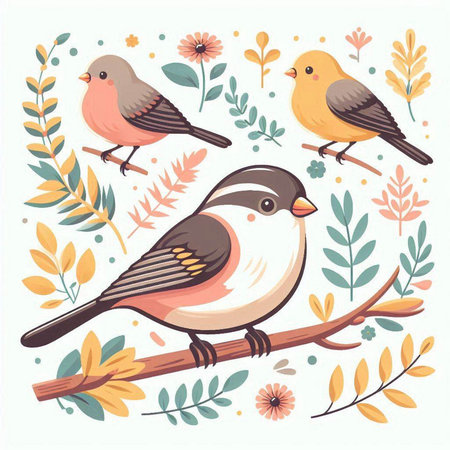 Set of cute birds and flowers. Vector illustration in cartoon style.のイラスト素材