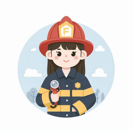 Illustration of a firefighter girl holding a flashlight in a circle.のイラスト素材