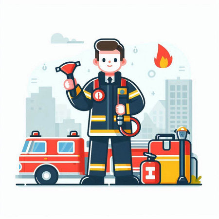 Firefighter with extinguisher and emergency car. Flat vector illustration.のイラスト素材