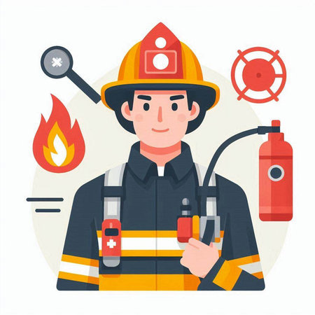 Firefighter in uniform and helmet with fire extinguisher vector illustration.のイラスト素材