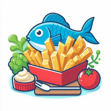 Fish and french fries vector illustration. French fries with fish and vegetablesのイラスト素材