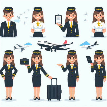 Air hostess character set. Air hostess in uniform. Vector illustrationのイラスト素材
