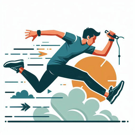 Vector illustration of a man running with microphone in his hand. Flat style.のイラスト素材