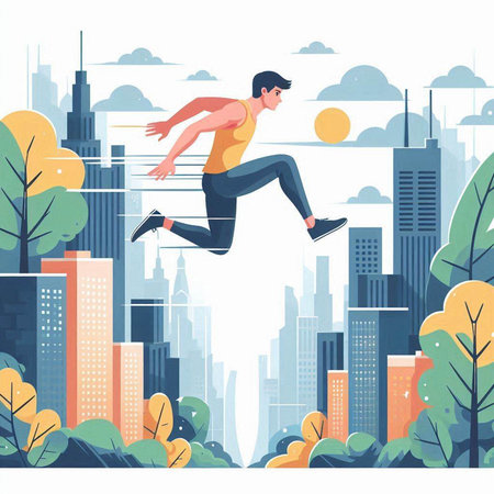 Vector illustration of a man jumping in the city. Flat style.のイラスト素材