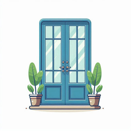 Vector illustration of a blue door with plants on a white background.のイラスト素材