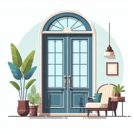 Vector illustration of the entrance to the house with a blue door and a chair.のイラスト素材