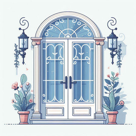 Vector illustration of a vintage door with flowers in pots and lanternsのイラスト素材