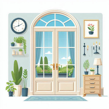 Interior of the room with a wooden door, a mirror, a lamp, plants and a clock. Vector illustration.のイラスト素材