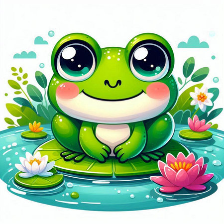 Illustration of a Cute Green Frog Sitting on a Pond with Flowersのイラスト素材