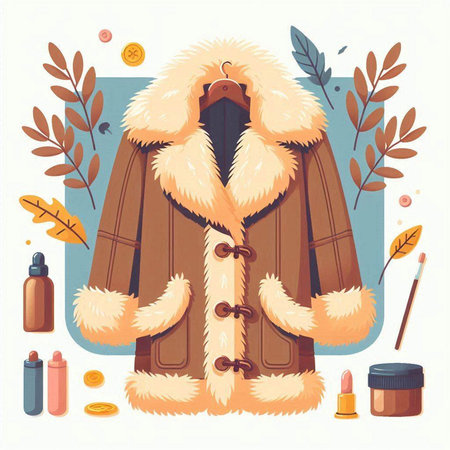Vector illustration of a fur coat with a hood, cosmetics and leavesのイラスト素材