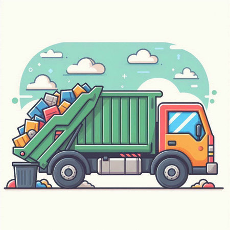 Garbage truck. Colorful vector illustration in flat cartoon style.のイラスト素材