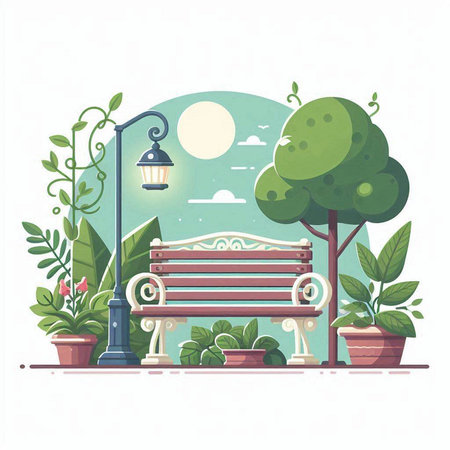 Vector illustration of a bench in the park with plants and lantern.のイラスト素材