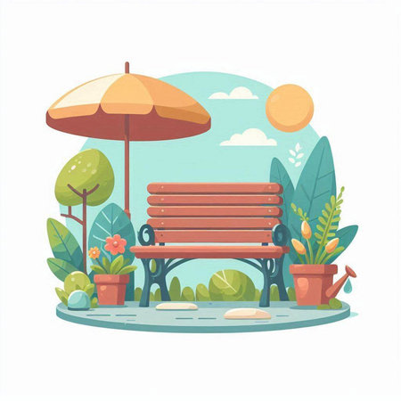 Wooden bench in the garden. Vector illustration in flat style.のイラスト素材