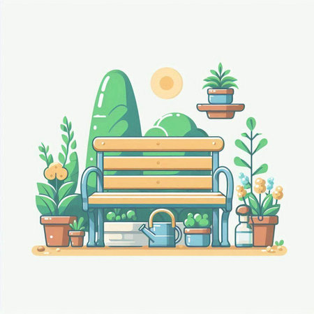 Vector illustration of a garden bench with plants and watering can. Flat style.のイラスト素材