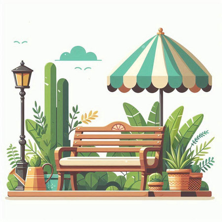 Wooden bench in the garden. Vector illustration in flat style.のイラスト素材