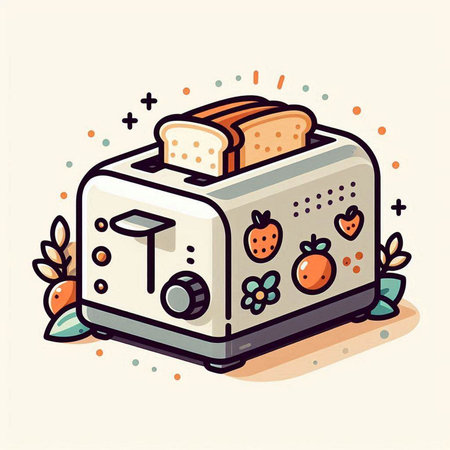 Vector illustration of toaster with bread and fruits in doodle styleのイラスト素材