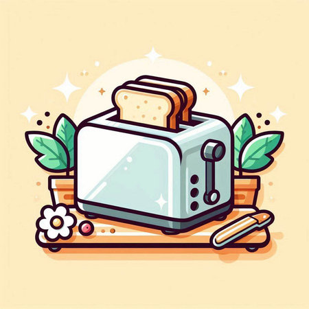 Toaster with bread and flowers. Vector illustration in cartoon style.のイラスト素材